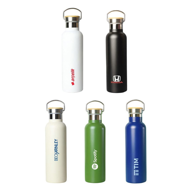 A drink bottle collection featuring white, black, cream, green, and blue bottles, each with a logo.