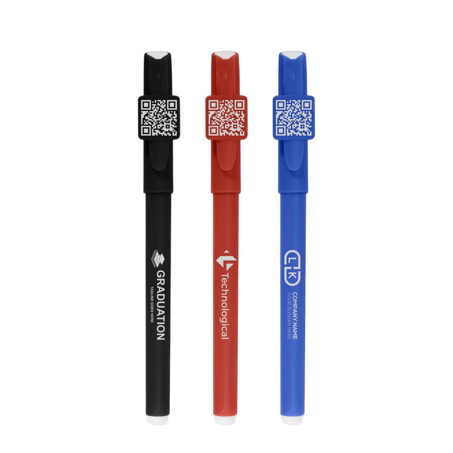 Three pens in black, red, and blue, each featuring a QR code and a design element on the clip.