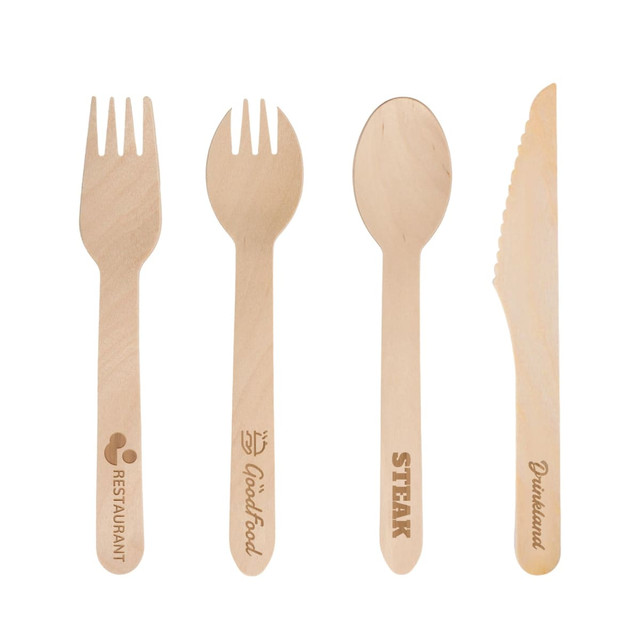 A set of disposable wooden cutlery including forks, spoons, knives, and a 2-in-1 spoon and fork, all in natural wood colour.