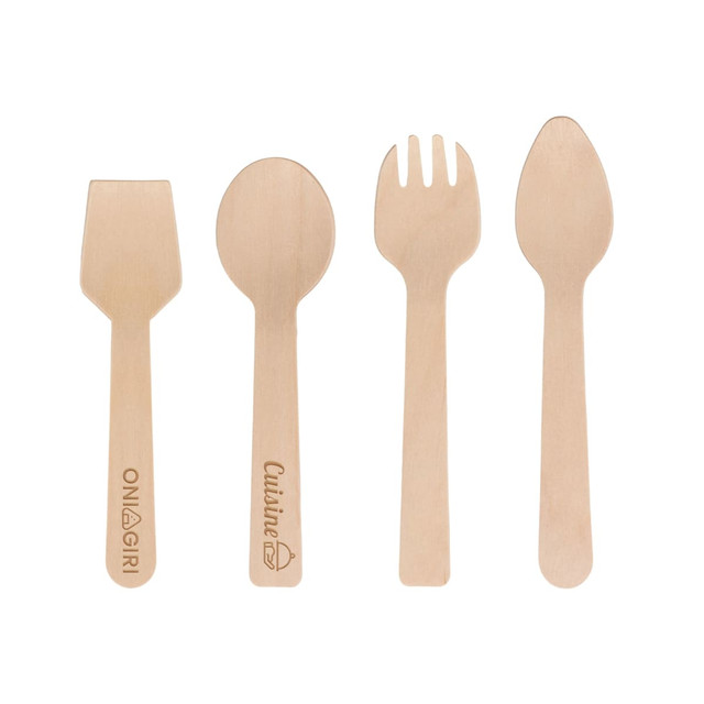 A pack of 100 disposable birch spoons and forks in natural wood colour, featuring various utensil shapes and a logo.