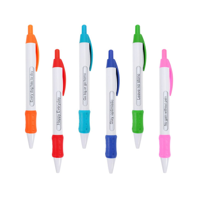 A set of six colourful pens with various message options and grips, including orange, pink, blue, green, and white.