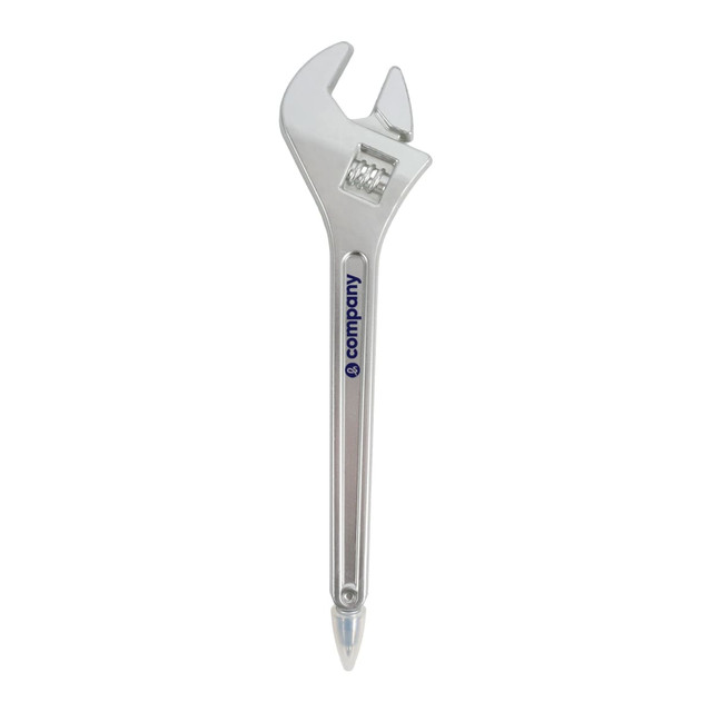 A silver ballpoint pen shaped like a spanner, featuring a logo on the side.