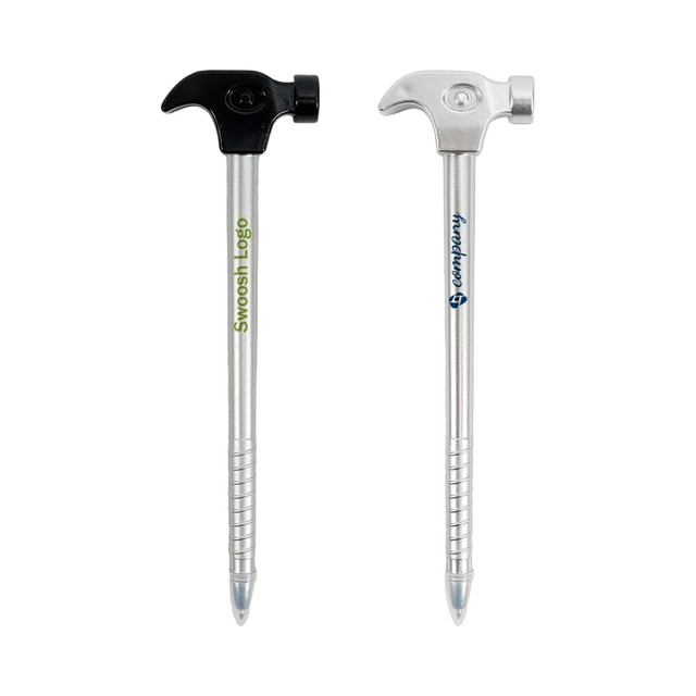 A hammer-shaped ballpoint pen in silver with black and green accents, featuring a logo.