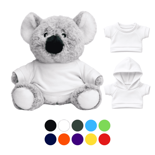 A grey koala plush toy with a black nose, featuring two white clothing options and a colour palette below.