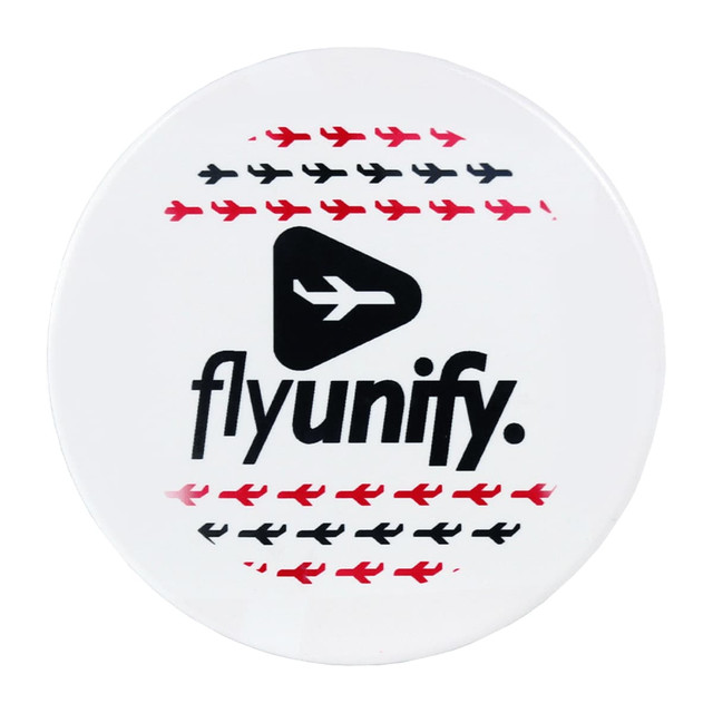 A circular ceramic coaster featuring a white background with red and black airplane silhouettes and a logo.