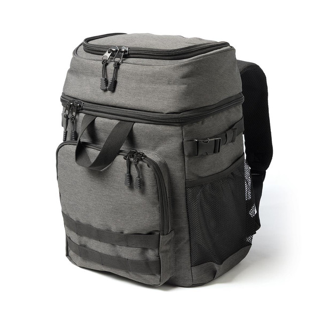 A grey backpack cooler featuring multiple zippered compartments, a mesh side pocket, and adjustable straps.