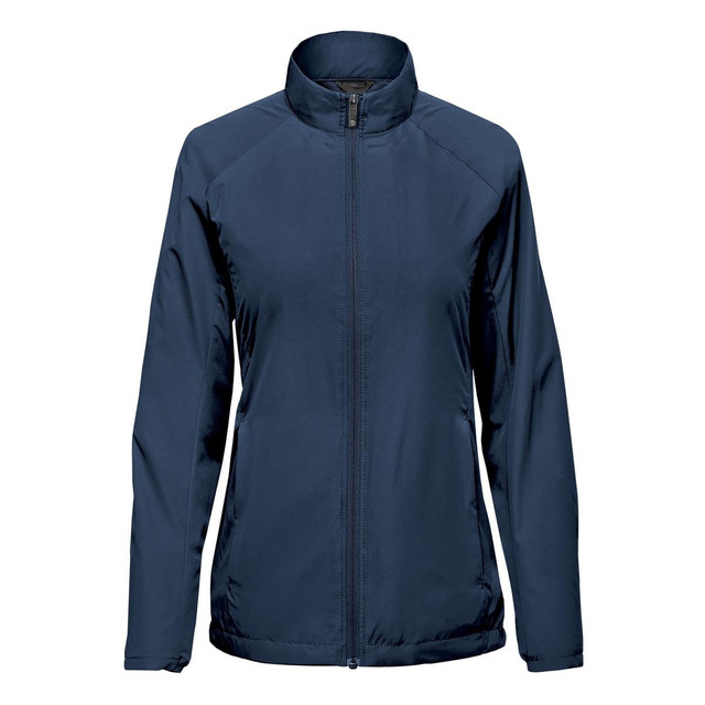 A navy full zip jacket for women featuring a stand-up collar and a logo on the front.