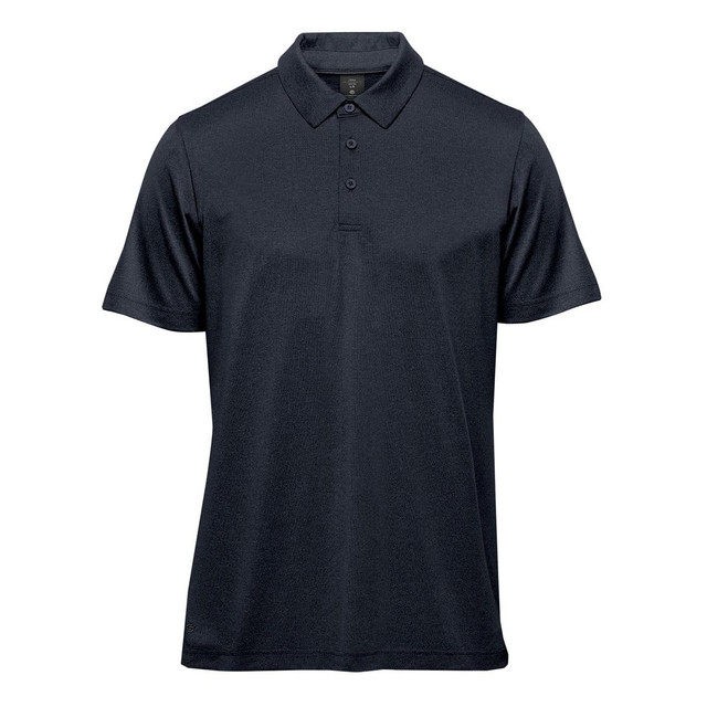 A navy blue men's polo shirt with a collar, short sleeves, and three buttons, featuring a logo.
