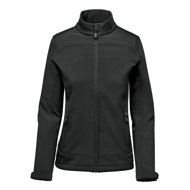 A women's black softshell jacket with a zip front, high collar, and side pockets, featuring a logo.