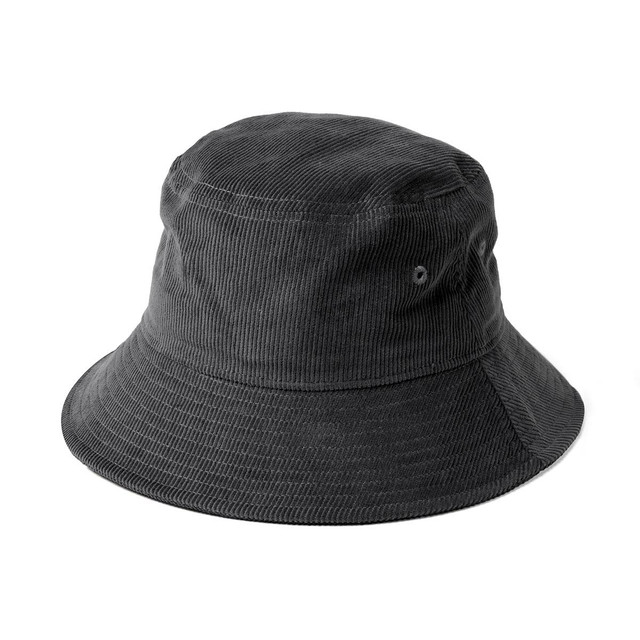 A grey cord bucket hat with a wide brim and an eyelet for ventilation, featuring a logo on the side.