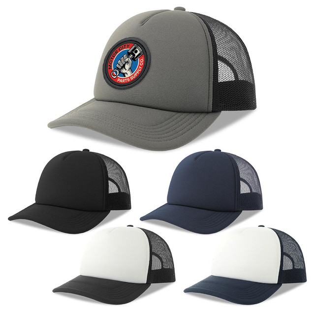 A trucker cap in grey with a logo, accompanied by black, navy, and white variations.