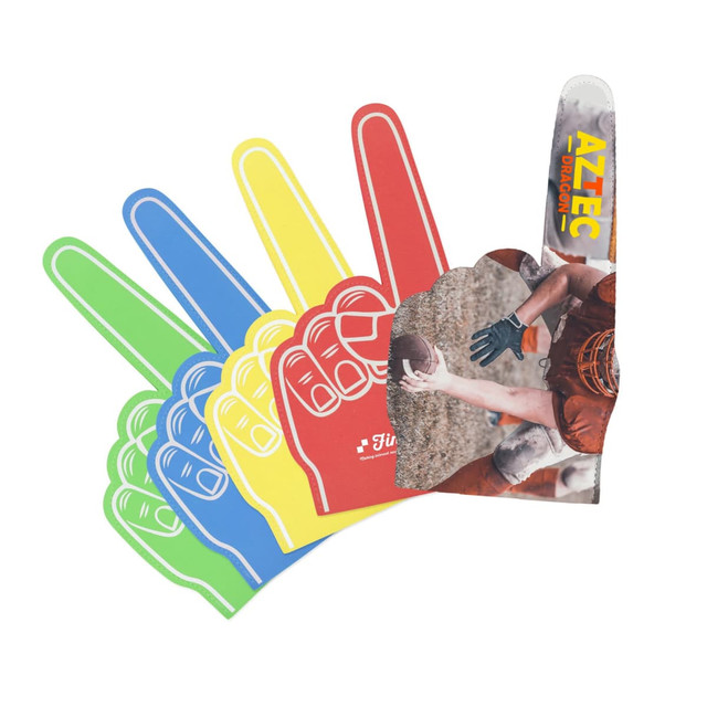 A collection of giant foam hands in green, blue, yellow, and red, featuring a logo and an image of a player.