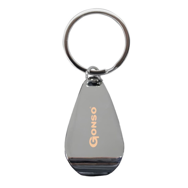 A silver keychain in a teardrop shape with a logo on one side.