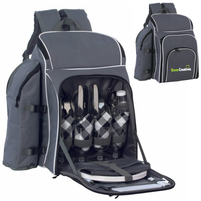 A grey picnic backpack with cutlery, drink bottles, glasses, and plates neatly organised inside. It has a logo on the front.