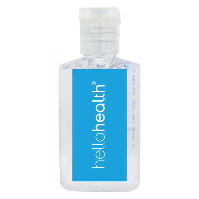 A clear 30ml hand sanitiser gel bottle with a blue label, containing 75% ethyl alcohol. Logo present on the label.