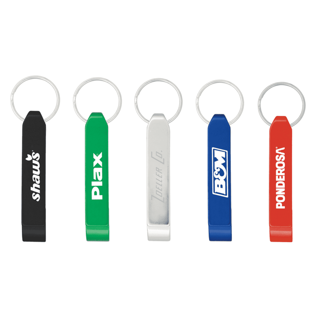 A collection of five bottle openers in black, green, silver, blue, and red, each with a keyring attachment and branding.