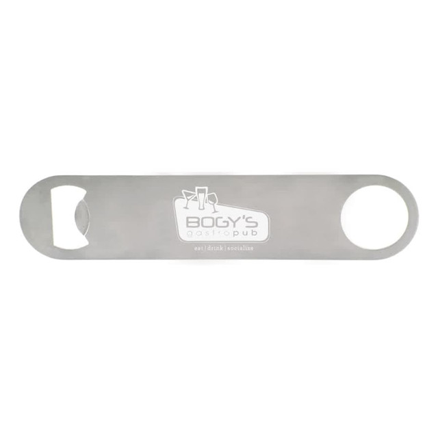 A drink bottle opener in silver stainless steel with a round hole and a logo.