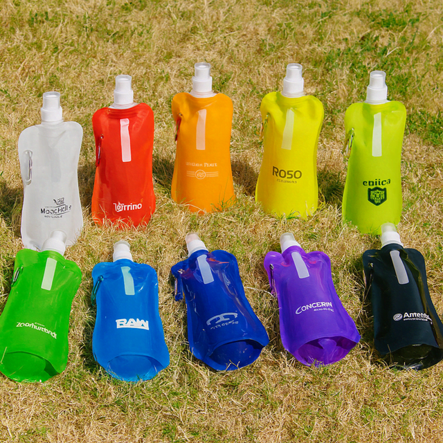 A drink bottle assortment featuring various colours including white, orange, yellow, green, and blue, each with a logo.