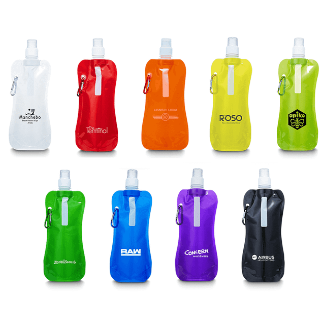 A drink bottle collection featuring various colours: white, red, orange, green, yellow, and black, with logos on some.