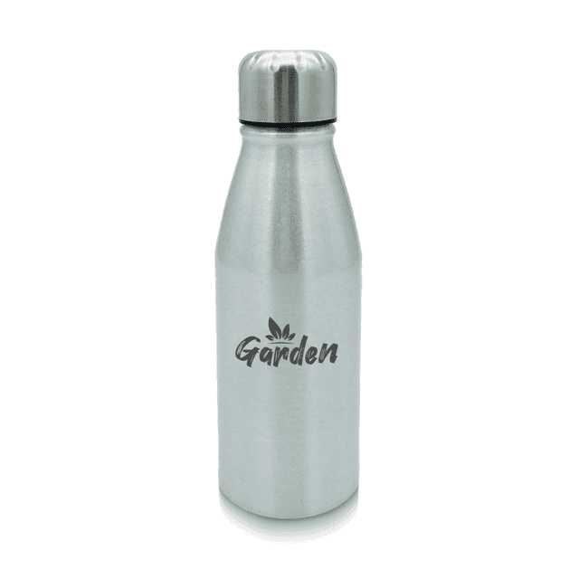 A drink bottle in silver aluminium with a stainless-steel screw top and a logo printed on the side.