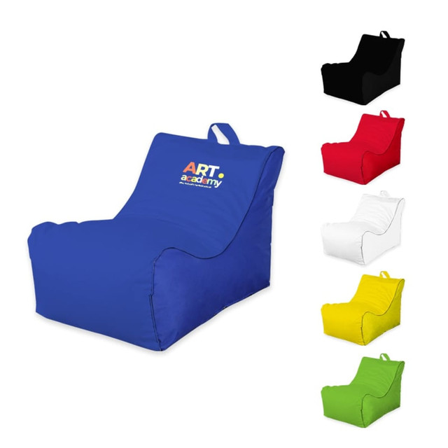 A blue Sponge Outdoor Chair with a logo, accompanied by chairs in black, red, white, and yellow.