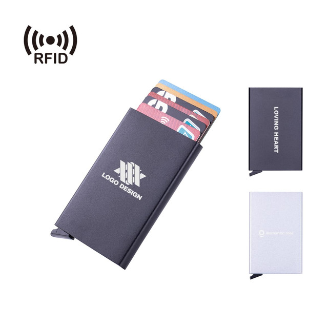 A sleek black metal RFID card holder with a logo, holding several cards. Features a minimalist design.