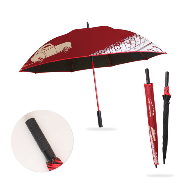 A red and white umbrella featuring a car design, with a black handle and a compact foldable shape.