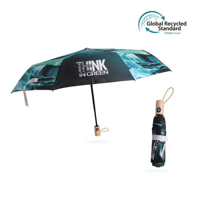 A triple folding umbrella in green and black with an automatic open and close feature, featuring a logo.