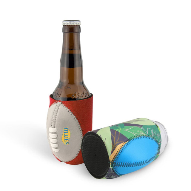 A drink bottle is held in a red and multi-coloured ball-shaped stubby holder with a logo.