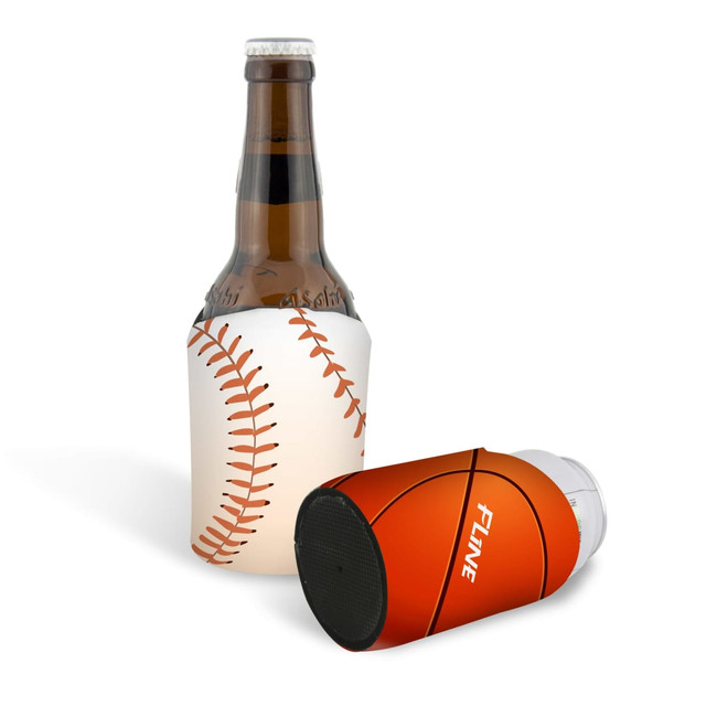 A drink bottle in a baseball-themed holder and a round orange stubby holder. Both have distinctive designs and colours.