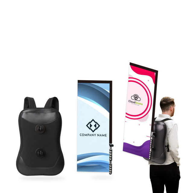 A black rectangle backpack with a flag attachment, featuring vibrant designs and a logo on the front.