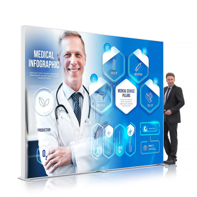 A backlit LED light box display featuring a blue and white design with medical graphics and two figures, one in a doctor's coat.
