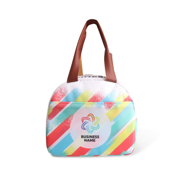 A waterproof RPET cooler bag in pastel colours with striped patterns and a brown handle, featuring a logo.