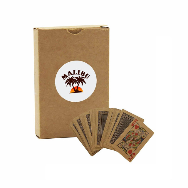 Eco Playing Cards with a brown cardboard box and deck featuring simple illustrations and a logo.