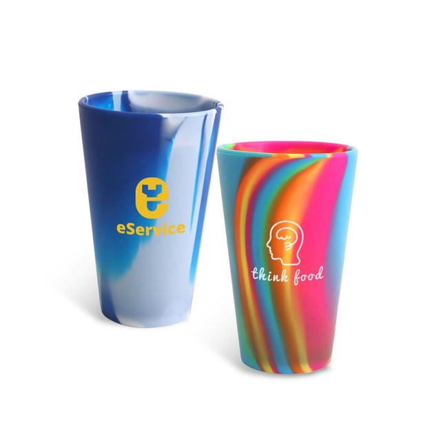Two custom silicone cups, one blue and white, the other multicoloured with designs and logos.