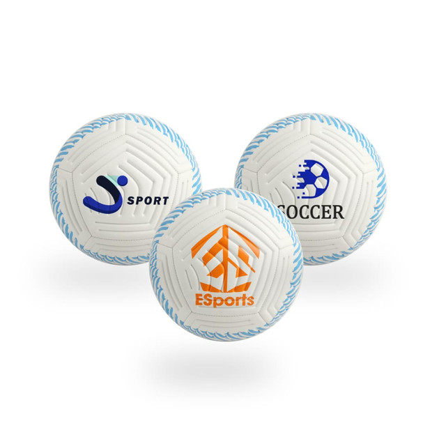 Three premium soccer balls in white with blue accents and various logos.