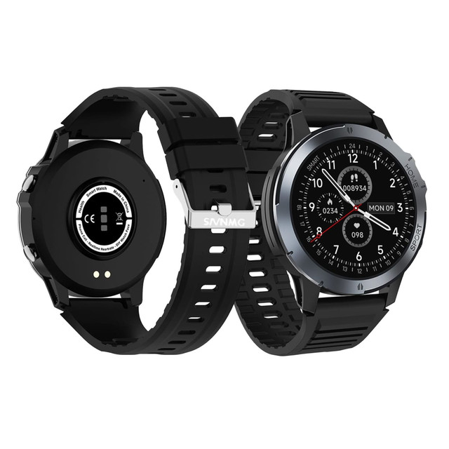 A round smart watch with a black silicone strap and a silver bezel, featuring a digital display and a back view.