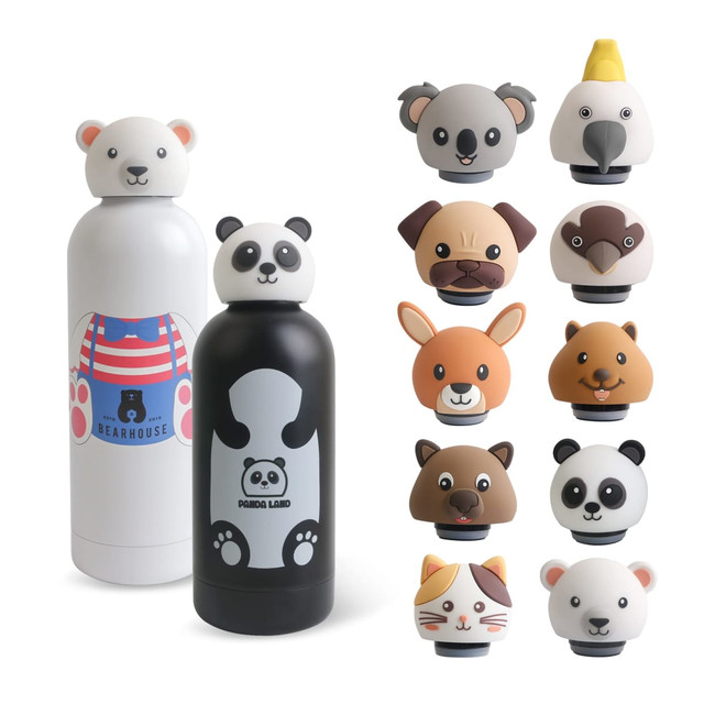 A drink bottle in white and pink with a bear design, and a black bottle with a panda design, featuring various animal heads.