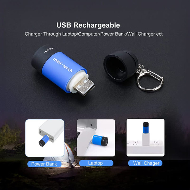 A USB rechargeable LED torch in blue and black, featuring a keyring attachment for convenience.