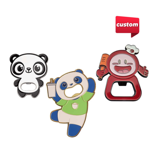 A drink bottle opener set featuring three custom-shaped designs: a panda, a cartoon character, and a red figure, in various colours.