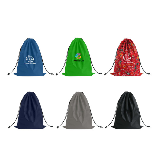 A set of six travel laundry bags in blue, green, red, navy, grey, and featuring different designs and logos.