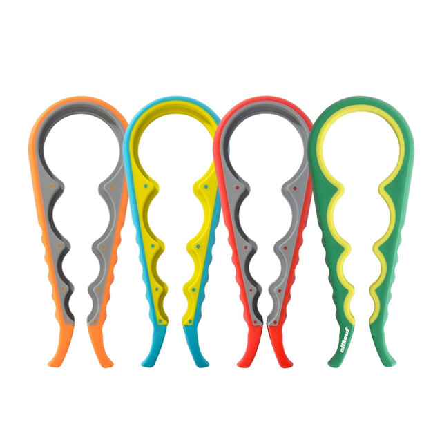 A multi-purpose jar opener featuring an array of bright colours: orange, yellow, green, and red, with a textured grip.