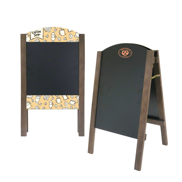A-frame chalkboards with a decorative top and dark wooden frame, featuring a smooth black writing surface on both sides.