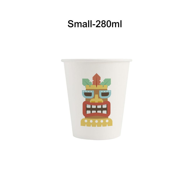 A disposable single wall paper cup in white featuring a colourful design with a tribal motif.