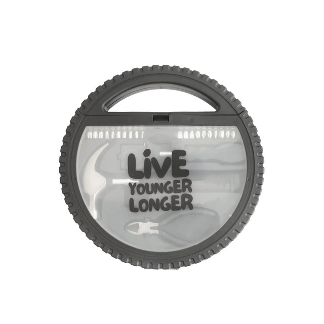 A circular car wheel tool kit in grey, featuring various tools and a carry handle, including a logo on the front.