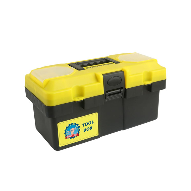 A yellow and black tool box with a logo, featuring a secure lid and two storage compartments.