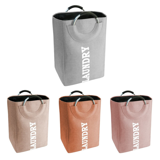 A laundry basket with a handle, available in grey, beige, and terracotta colours, featuring a branded logo.
