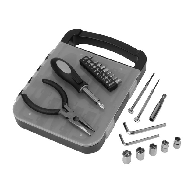 A 22 in 1 hand tool set features a grey case, pliers, screwdrivers, bits, and various socket sizes. It has a logo on the case.