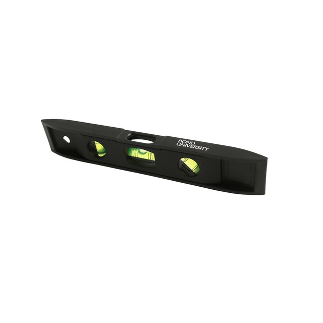 A black magnetic torpedo level featuring green vials and a branding logo.
