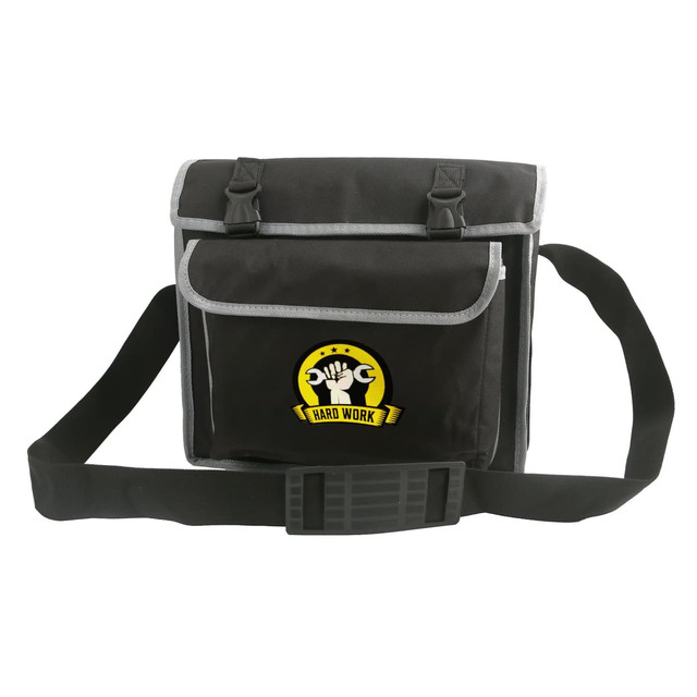 A black portable tool bag with a shoulder strap, featuring a logo and grey accents.